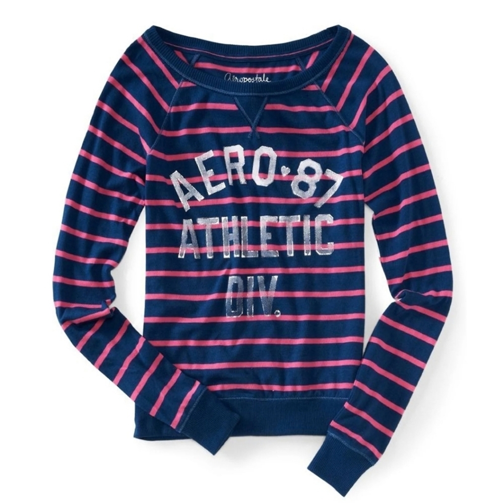 Y2K Comfy Aeropostale Navy And Pink Striped Crewneck